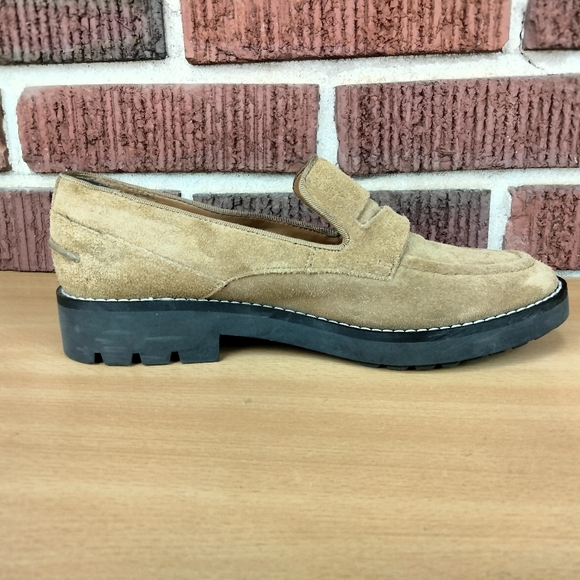 Franco Sarto Anthropologie Tavoli Lug Sole Penny Loafers in Toasted Barley Suede - Picture 10 of 13